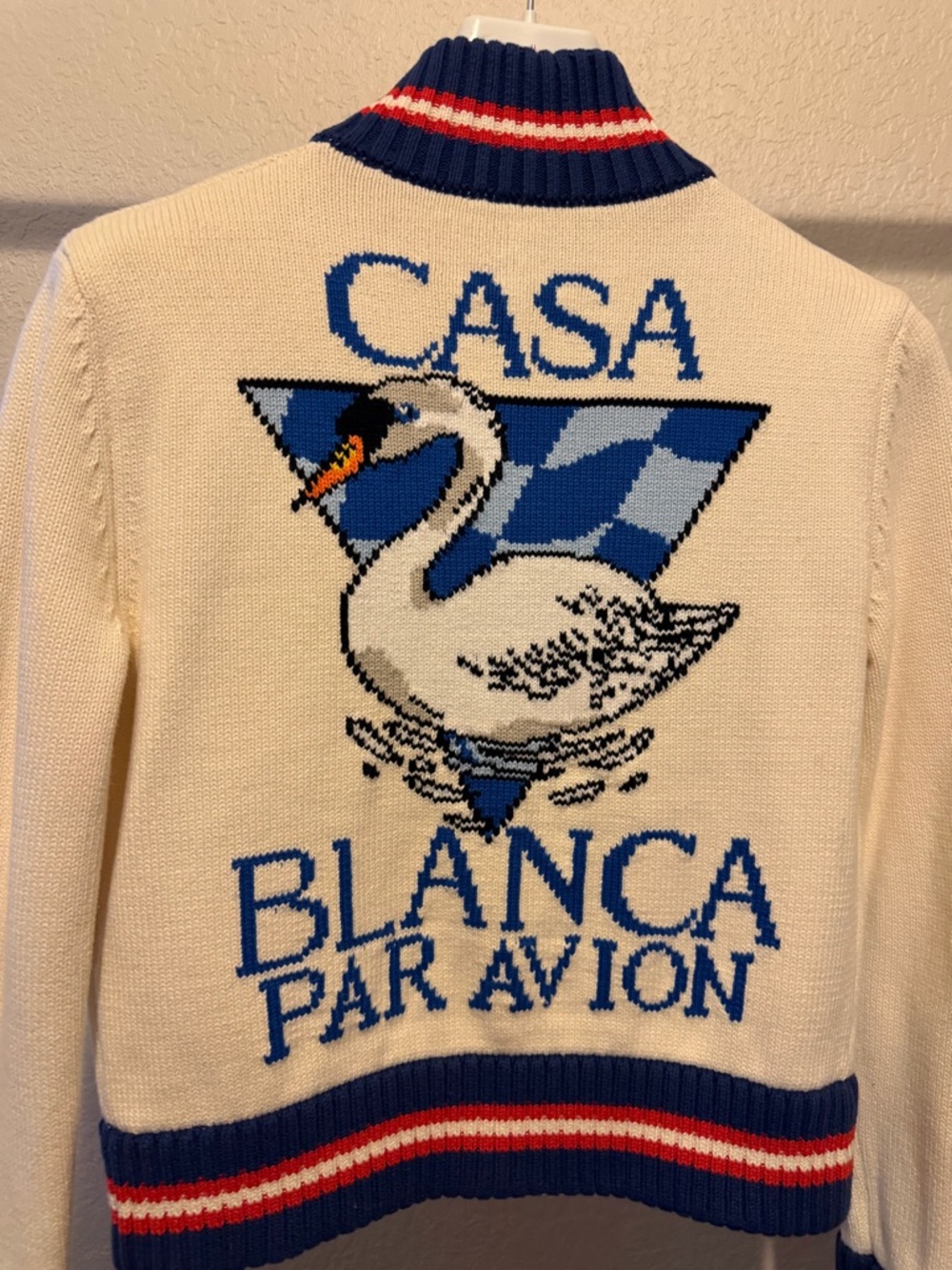 Authentic Casa Blanca Par Avion Women's Cream Knit Cardigan with Blue Swan Motif